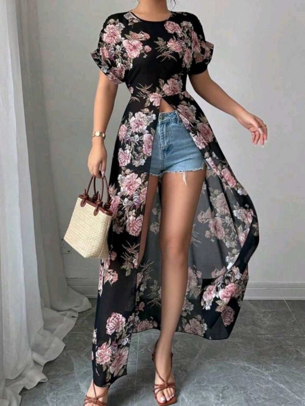 Black Maxi Floral Split Front Dress Cover-Up